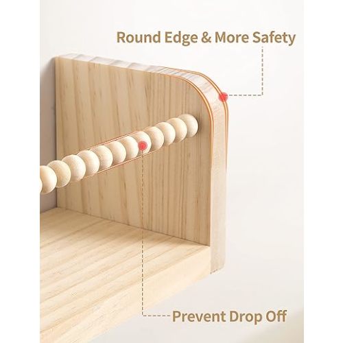 Nursery Floating Shelves for Wall, Set of 3 Book Shelves Natural Wood Wall Mounted Organizer with Towel Bar Hanging Bookshelves Nursery Decor for Kids Room, Bedroom and Kitchen