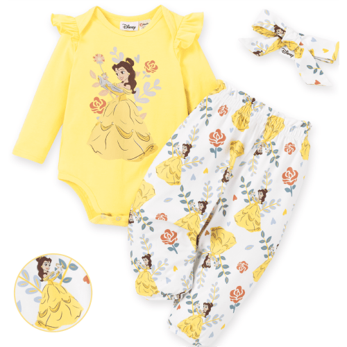 Disney Princess Belle Baby Girls 3 Piece Outfit Yellow Romper Pants Headband Set Newborn Infant Gift