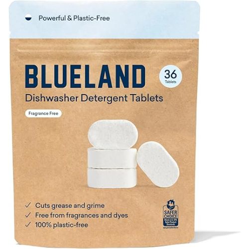 BLUELAND Dishwasher Detergent Tablets, 36 Count, Unscented Plastic-Free Eco Friendly Dishwashing Pods, Natural, Non Toxic, Sustainable