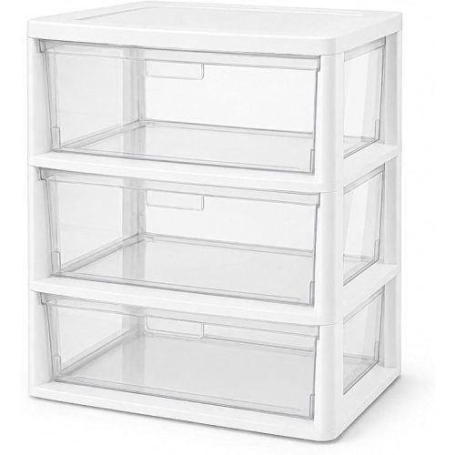 3 Drawer Storage Organizer, Wide Clear Plastic 3 Tier Drawer Unit (White)