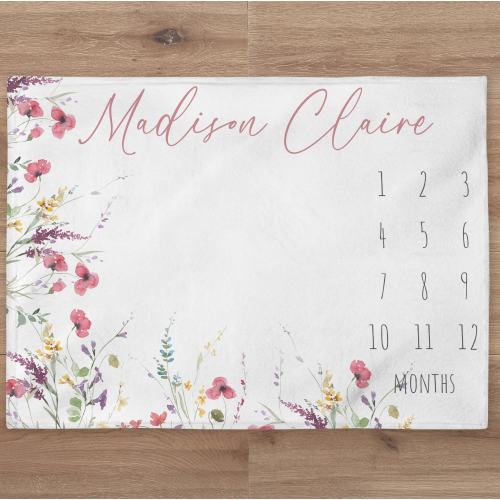 Wildflowers Milestone Blanket, Custom Girl Floral Blanket, Personalized Wild Flowers Month Blanket, Newborn Gift, Floral Baby Shower Gift