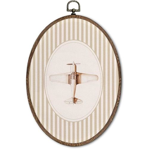 FLAWAFLOMA Vintage Aircraft Nursery Oval Wall Art Decor, Kids Room Canvas Wall Art Framed, Retro Airplane Hanging Decorations for Nursery Kids Toddler Boy Girl Room Playroom Decor, 8.6x11.4 Inch