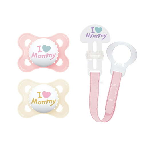 MAM I Love Mommy Collection Pacifiers (2 pack, 1 Pacifier Clip), MAM Pacifier 0-6 Months, Baby Girl Pacifier, Best Pacifier for Breastfed Babies