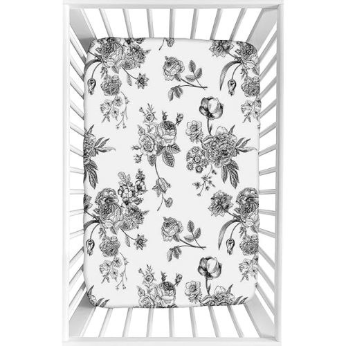 Decorative Crib Sheet,Black and White Microfiber Silky Soft Toddler Mattress Sheet Fitted,28"x 52"x 8",Vintage Floral Pattern Victorian Classic Print Baby Sheet, for Baby or Toddler Bed Nursery