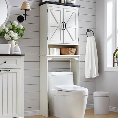 Over The Toilet Storage Cabinet with Adjustable Shelf & Barn Door, 67" Tall Over The Toilet Shelf, Off White