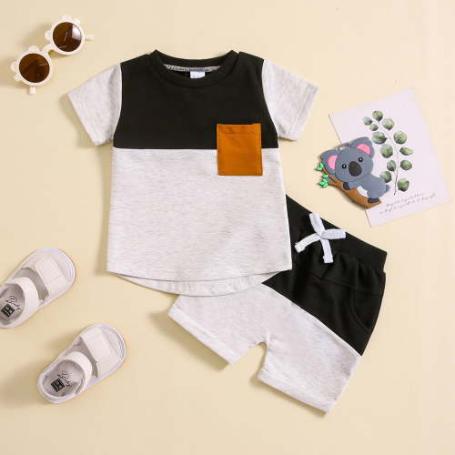 Nrmvnmi Baby Toddler Boy Clothes Summer Outfits Patchwork Short Sleeve Round Neck T Shirt & Drawstring Shorts Cotton Sets with Pockets For 3M-3Y