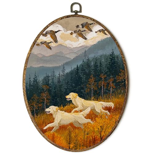 FSTCSV Fall Forest Golden Retriever Dog Oval Wall Art Framed, Fall Landscape Hunting Canvas Prints Wall Hanging Art, Vintage Autumn Rustic Dog Lovers Oval Walls Decor for Home Bedroom, 8.8x11.5in