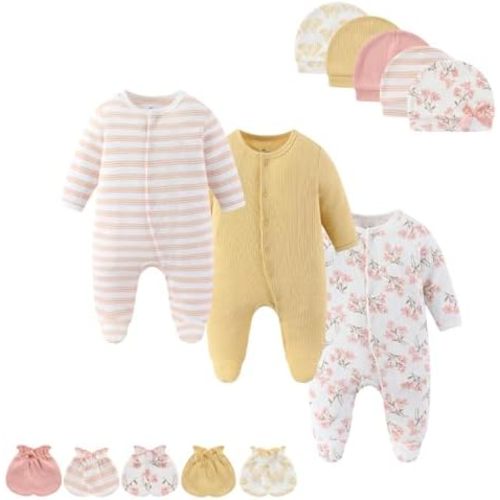 Baby Boy Girls Clothes 2-Way Zip Footed Long Sleeve 100% Cotton,Newborn Caps and Scratch Mittens Set 0-6 Months
