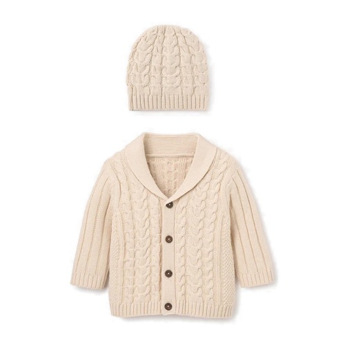 Horseshoe Cable Knit Cotton Cardigan & Hat Set