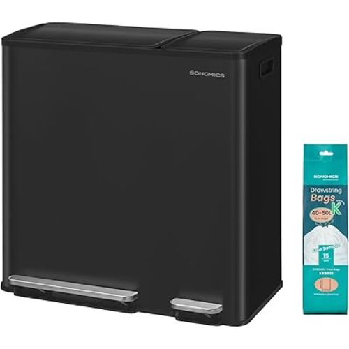 SONGMICS Kitchen Dual Trash Can, 13 + 5.3 Gallon (50 + 20 L) 2-Compartment Trash and Recycle Bin, Stainless Steel Garbage Can, Pedals, Soft-Close Lids, Inner Buckets, Black ULTB770BZ01