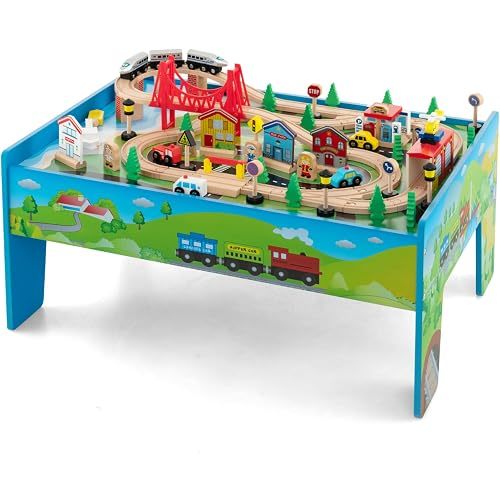 HONEY JOY Train Table, Wooden Kids Activity Table w/ 80 Multicolor Pieces, Tracks, Trains, Cars, Toddler Toy Train Table Set w/Reversible Tabletop, Gift for Boys Girls Ages 3+ (Blue)