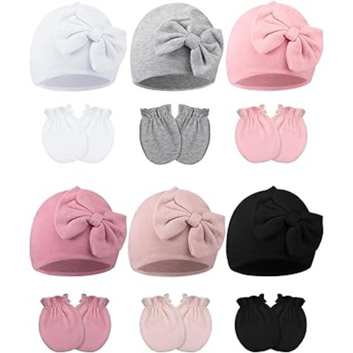 Geyoga 12 Pieces Newborn Hat Mittens Gloves Set Baby Boys Girls Cotton Baby Beanie for 0-12 Months