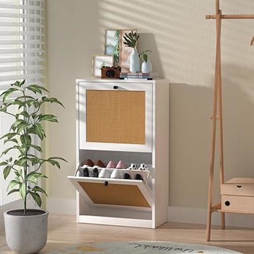 Anmytek Rattan Shoe Cabinet, Entryway Cabinet Wooden Shoe Rack with 2 Flip Drawers, 2-Tier Shoe Storage Cabinet for Entryway Hallway, White S0002