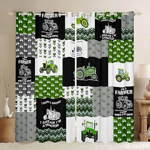 Feelyou Tractor Curtains Cartoon Farm Tractor Blackout Curtain for Kids Boys Girls Truck Car Window Drapes Harvester Excavator Window Treatments Green 38W X 54L,2 Panels
