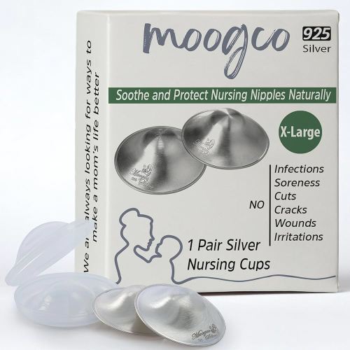 Moogco The Original Silver Nursing Cups - Nipple Shields for Nursing Newborn - Breastfeeding Essentials - Newborn Essentials Must Haves - Nipple Covers Breastfeeding - 925 Silver (X-Large)