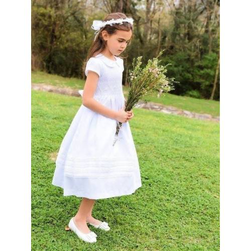 White Smocked Flower Girl Dress, Hand-Embroidered Cotton, Wedding