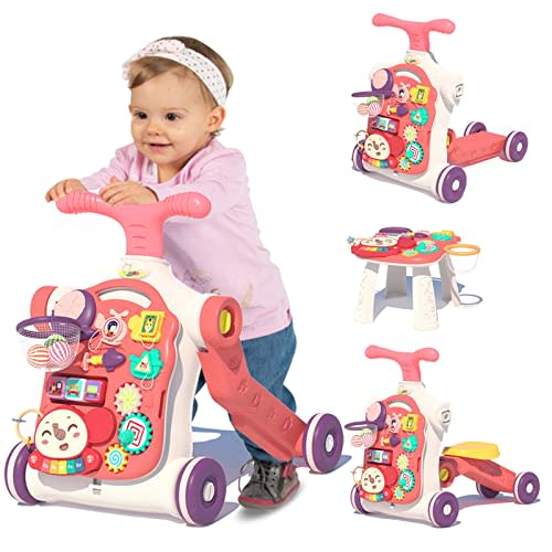 QDRAGON 5 in 1 Walker for Baby Girl, Baby Push Walkers, Assemble as Scooter/Motorbike/Activity Center/Detachable Panel, Walking Toys for Infants 6-12 Months, Red