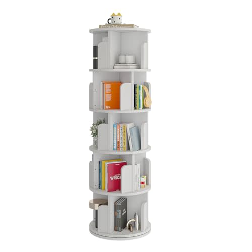 NEWTURN Rotating Bookshelf, 360° Display 5 Tier Floor Standing Bookcase Storage Rack,Wood Narrow Book Shelf Organizer for Bedroom,Living Room,Corner Bookshelf, White