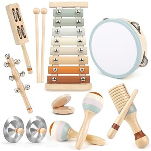 Toddler Musical Instruments, Joyreal Baby Musical Instruments Montessori Wooden Toys for Toddlers1-3, Neutral Colors Percussion Instruments Set, Aesthetic Modern Boho Xylophone for Kids Playroom Gifts