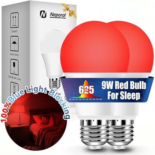 Neporal 625nm Red Light Bulbs for Sleep, 100% Blue Light Blocking Bulb for Melatonin Promote, A19 LED 9W 60W Red Night Bulb for Baby Nursery, Sleep, Read, Bedroom 2PK (White When Off, Red When on)