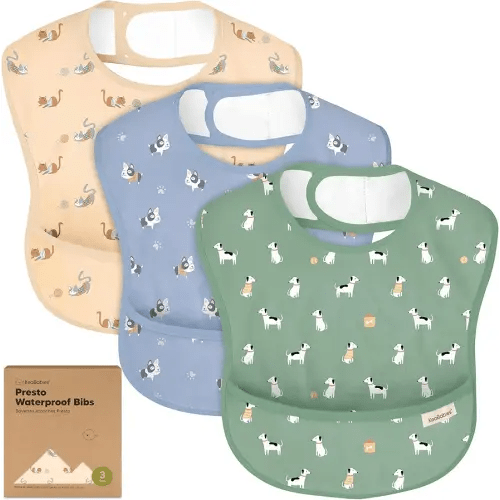 KeaBabies 3-Pack Waterproof Baby Bibs for Eating - Lightweight Toddler Feeding Bibs with Large Food Catcher, Mess Proof, Food-Grade Baby Eating Essentials, Easy to Put On & Clean (Pets & Paws)