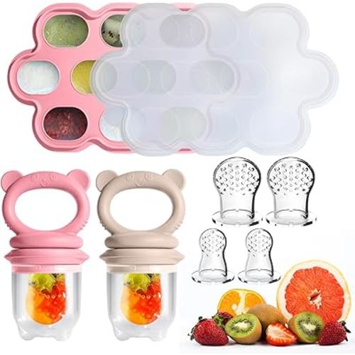 Baby Food Feeder Set, 2 Packs Fruit Feeder & Breastmilk Popsicle Molds Freezer Tray with Lid, Silicone Fruit Feeder to Teething Relief, Introduce New Foods, Baby Feeding Essentials(Red+Beige)