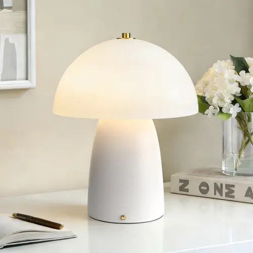 11" Modern White Mushroom Cordless Rechargeable Ceramic Table Lamp with Touch Control 3-Level Dimming Type-C Charging for Bedroom Living Room Study and Outdoor