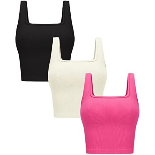OLCHEE Womens 3 Pack Crop Tank Tops Basic Seamless Ribbed Sleeveless Square Neck Workout Top Summer Exercise Yoga Gym Shirts