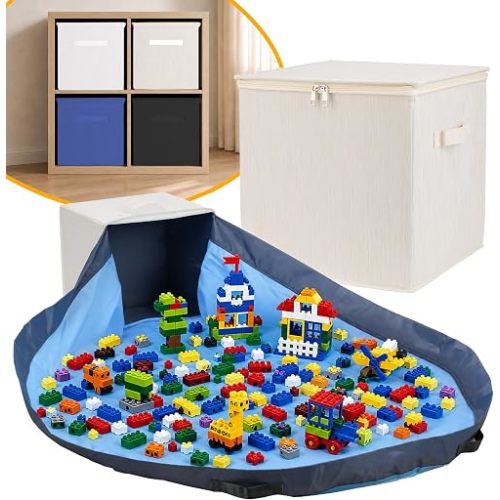 Toy Storage Organizer with Attached Play Mat for Kids – 13" x 13" x 13" Stackable and Foldable Cubby Box Nursery Organizers, Storage Bins with Lid for Playroom (Cream Bamboo)