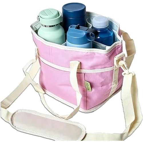 Family Size 4 Compartment Drink Carrier Bag, Insulated Caddy for 4 Cups/Tumblers, Water Bottle Holder with Adjustable Strap, Multi Drink Caddy for Travel Sports Outings (Pink&White)