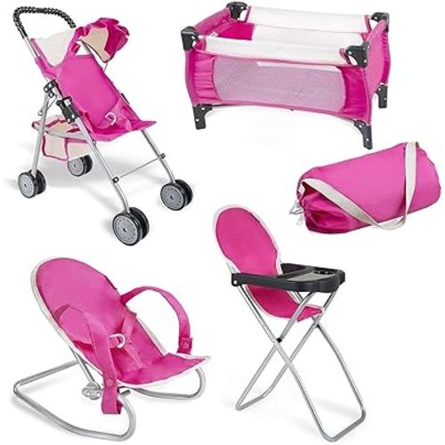 fash n kolor 4 Piece Pink Baby Doll Set, Includes - 1 Pack n Play with Carry Bag, 2 Doll Stroller, 3 Doll High Chair, 4 Infant Seat,