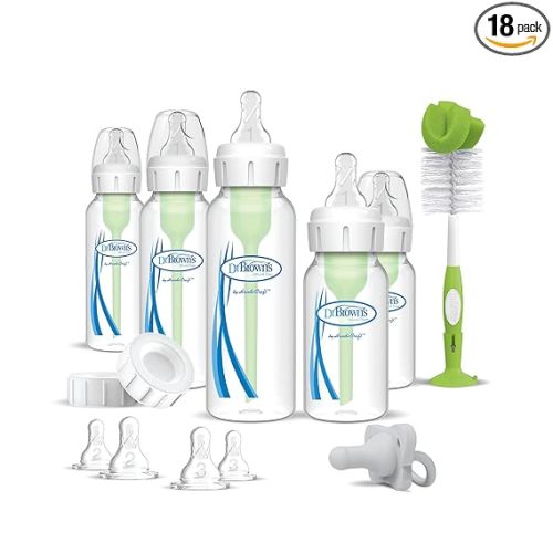 Dr. Brown's Natural Flow Anti-Colic Options+ Narrow Baby Bottle Gift Set, Newborn Essentials with Baby Bottle Brush & 100% Silicone HappyPaci Pacifier, 0m+