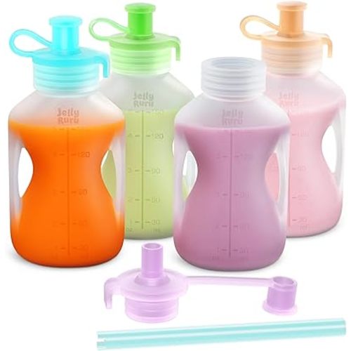 Silicone Reusable Baby Food Pouches with Straws, Leakproof Refillable Squeeze Pouches, Dishwasher, Freezer, Microwave Safe, Baby Food Storage for Homemade Puree, Yogurt (one size, Count, 4)