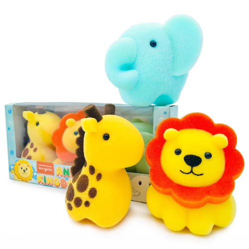 Baby Bath Sponge Set - Animal Kingdom Sponge 3 Pack Featuring Lion, Elephant, Giraffe - Bath Essentials for Baby Boys Girls Infants, Baby Gifts for Newborn and Kids, Must Have Toy Accessories for Bath
