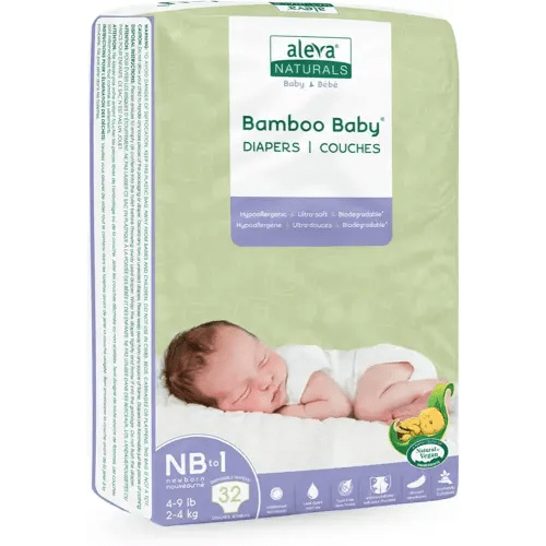 Aleva Naturals Hypoallergenic Bamboo Baby Diapers for Newborn, Ultra Soft, Sensitive Skin Friendly, Biodegradable, Disposable - Size Newborn to 1 (4-9 lbs / 2-4kg), 32 Count