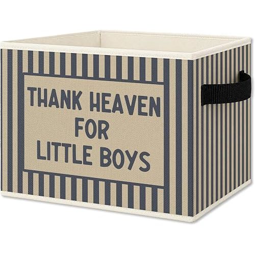 Boy Nursery Foldable Storage Bins Box with Handles, Thanks Heaven for Little Boys Blue Striped Collapsible Organizer Basket for Baby Boys Toddler Kids Bedroom Bathroom Clothes Toys Books