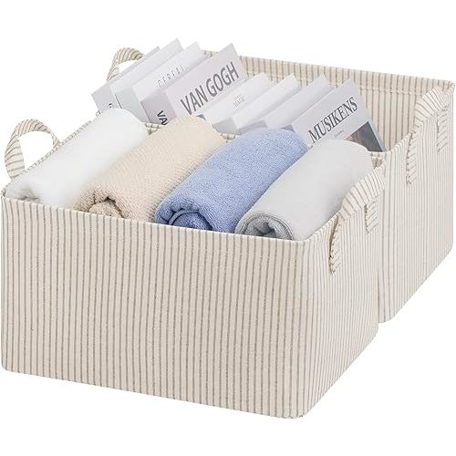 StorageWorks Storage Bins, Fabric Storage Bins for Shelves, Storage Baskets with Metal Frame, Closet Baskets and Bins with Handles, Khaki and Beige Stripes, 2-Pack