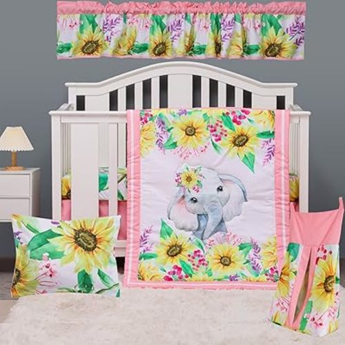 Floral Elephant Crib Bedding Set for Girls -6 Pieces, Sunflower Elephant Baby Girl Toddler Girl Bedding Set, Standard Crib 28'' x 52''