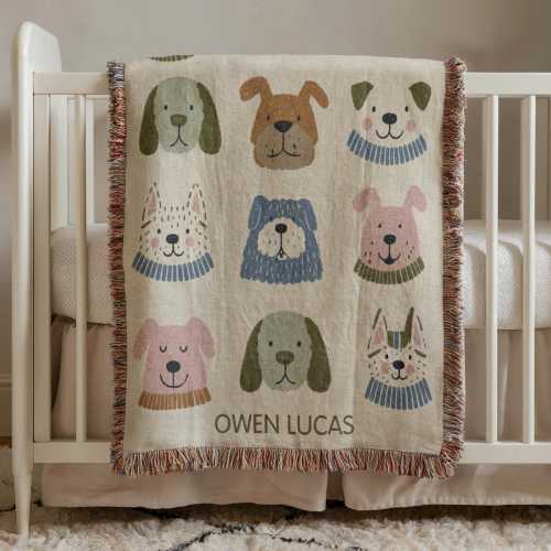 Dog Baby Blanket, Dog Themed Nursery Decor, Custom Name Baby Blanket, Newborn Gift, Personalized Woven Throw Blanket For Kids