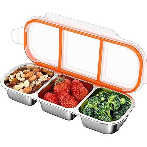 KTKUDY 3 Pack Stainless Steel Snack Container for Kids & Adults - Large - Leak-Proof 3-Compartment Stackable Snack Lunch Box for Daycare, School, Work & Travel