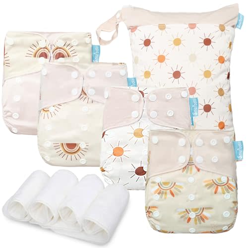 Smarbore Baby Cloth Diapers Set - 4 Pack Nappies with 4 Inserts & 1 Wet/Dry Separation Bag, Adjustable Pocket Diapers for Baby Boys and Girls (6-33 pounds, 0-3 Years)