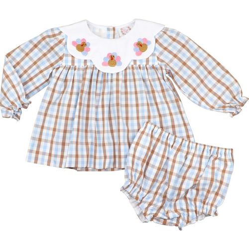 Blue And Brown Check Embroidered Turkeys Diaper Set – Cecil & Lou
