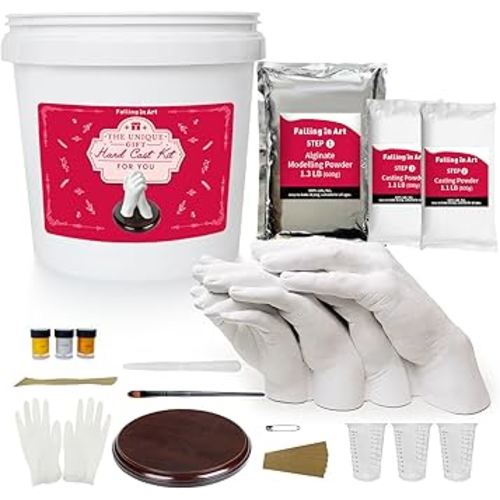 Falling in Art Hand Casting Kit Couples - Keepsake Plaster Hand Mold Kit for Family, Kids, Adults with Large Bucket, Gloves, Powder Materials, Color Paints, Wooden Base