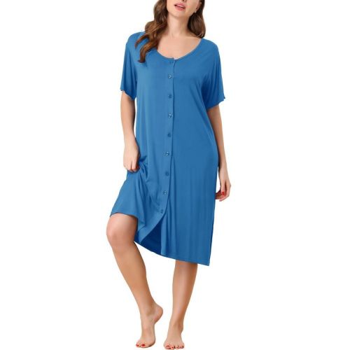 cheibear Women's Nightgown Button Down Short Sleeve Soft Modal Loose Pajama Sleepshirt Small Blues