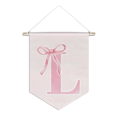 foedor initial Personalized Preppy Canvas Hanging Pennant Flag Banner, Coquette Pink Bow Teen Girl Gifts,Trendy Cute Monogrammed Gifts Wall Decor for Women Teen Girl Nursery bedroom(L)