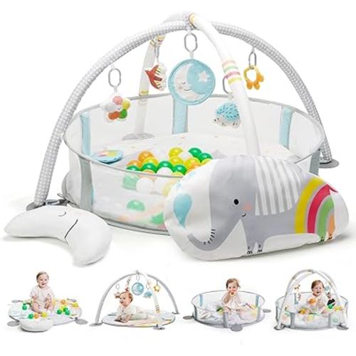 Lupantte 4-in-1 Baby Play Gym, Elephant Fence Exercise Mat with Detachable Anti-Slip Thickening Tummy Time Mat with Sensory Toys for Newborn Infant Toddler to Develop Motor&Cognition Baby Toys