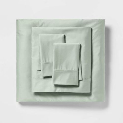 Queen Solid Performance 400 Thread Count Sheet Set Silver Green - Threshold™: Cotton Sateen, Wrinkle-Resistant, OEKO-TEX Certified