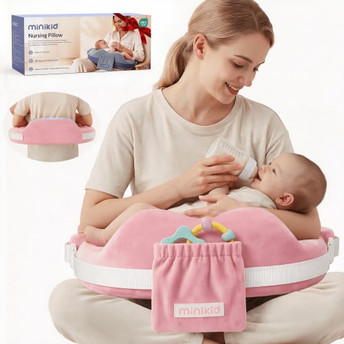 Minikid Nursing Pillow for Breastfeeding,60D Firm Memory Foam, Ergonomic Design with Lumbar & Arm Support, Safety Fence, Adjustable,Safe and Comfortable Feeding,Pink