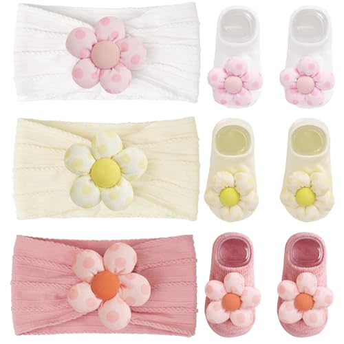 CÉLLOT Baby Girl Headband and Socks, Non-Slip Floral Socks and Soft Floral Nylon Hairbands for Babies Infants and Toddlers（dot）