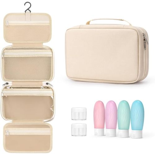 Toiletry bag for women with travel size containers set, hanging toiletry bag for full Size toiletries, Skincare, Shampoo, Makeup Cosmetic Bag Travel Organizer, Water-resistant toiletry bag
